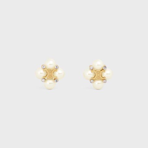 Les Perles Celine Studs in Strass, Resin Pearls and Brass with Gold Finish 4464 фото