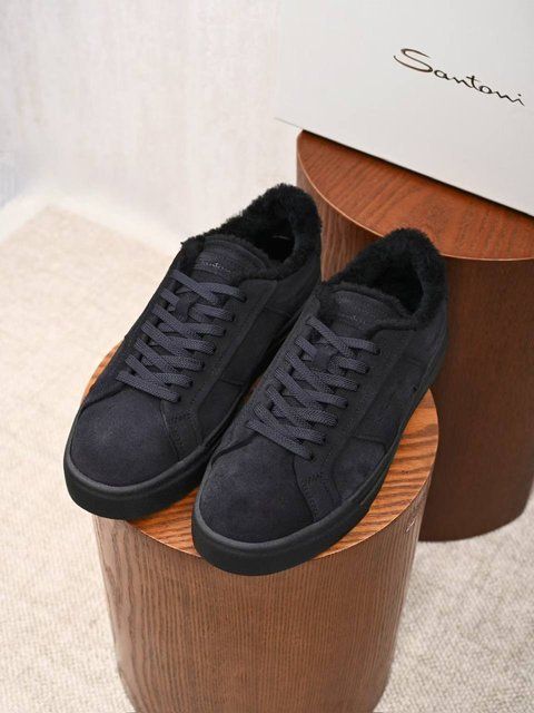 Santoni suede sneakers with fur and logo