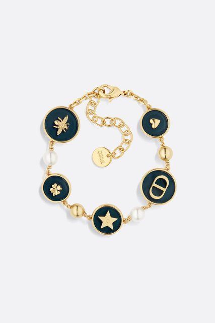 Dior D-Luck Bracelet Gold-Finish Metal with White Resin Pearls and Navy Blue Transparent Resin 4429 фото