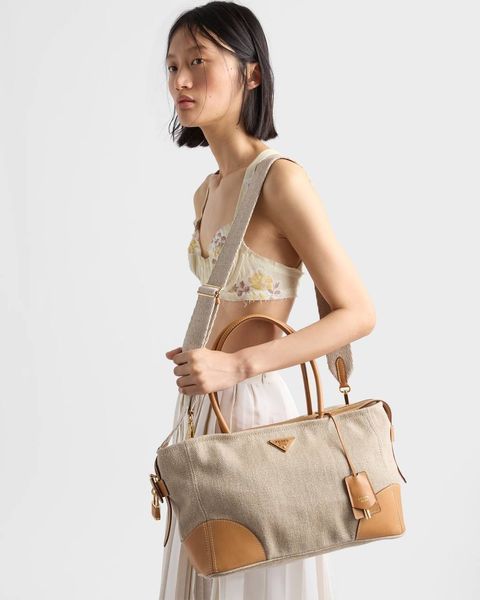 Prada Large linen and leather tote bag
