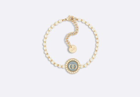 Dior Petit CD Baroque Bracelet In Gold-Finish Metal With White Resin Pearls And Sky Blue Glass 4434 фото